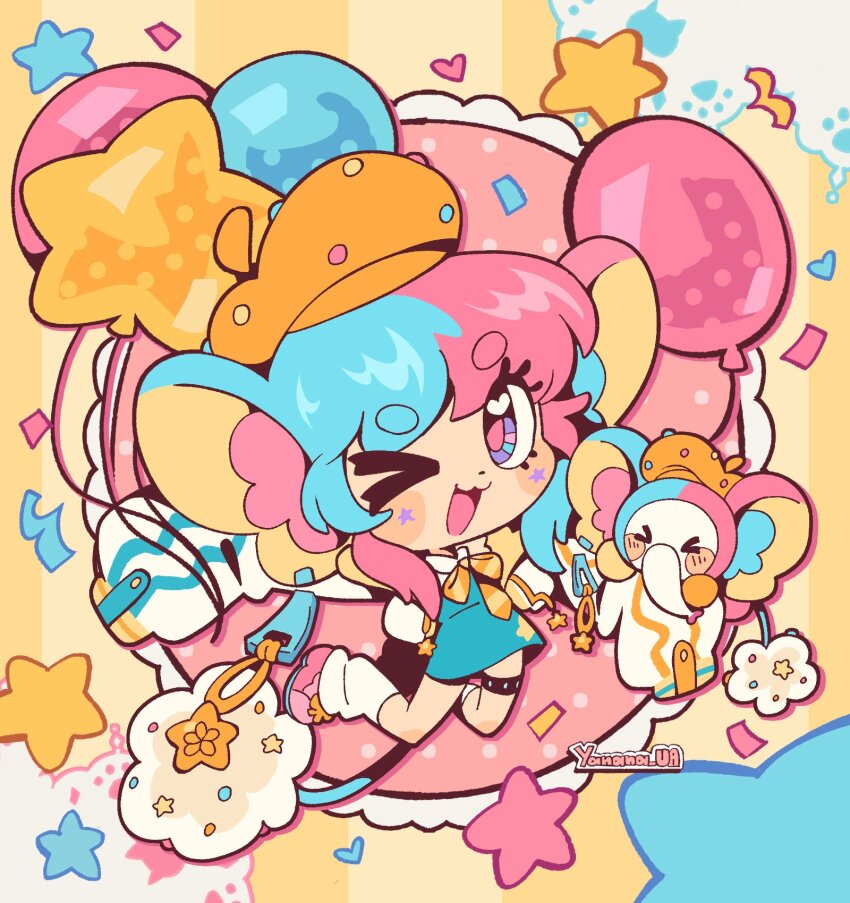 1girl :3 animal_ears animal_nose arms_up beret blue_dress blue_hair chibi chibi_only colorful commentary commission dress elephant elephant_ears elephant_girl elephant_tail english_commentary hat highres jumping looking_at_viewer multicolored_hair one_eye_closed original pink_hair purple_eyes short_hair solo two-tone_hair yanana_ua yellow_hat yume_kawaii