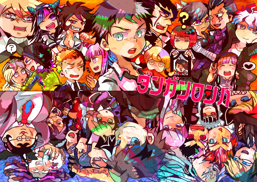 6+boys 6+girls ? asahina_aoi bandaged_arm bandages black_hair blonde_hair blue_eyes blush breasts brown_hair celestia_ludenberg crystal_ball danganronpa:_trigger_happy_havoc danganronpa_(series) danganronpa_2:_goodbye_despair enoshima_junko everyone freckles fujisaki_chihiro fukawa_toko glasses hagakure_yasuhiro hair_ornament hairclip hanamura_teruteru heart highres hinata_hajime holding iei ishimaru_kiyotaka japanese_clothes keroko_(keroooon) kimono kirigiri_kyoko koizumi_mahiru komaeda_nagito kuwata_leon kuzuryu_fuyuhiko maizono_sayaka mioda_ibuki multiple_boys multiple_girls naegi_makoto nanami_chiaki necktie nidai_nekomaru ogami_sakura one_eye_closed open_mouth orange_hair owada_mondo owari_akane pekoyama_peko purple_eyes purple_hair red_eyes red_hair sailor_collar saionji_hiyoko scar scar_on_face scarf school_uniform smile soda_kazuichi sonia_nevermind speech_bubble spoken_heart spoken_question_mark tanaka_gundham togami_byakuya togami_byakuya_(danganronpa_2) tsumiki_mikan yamada_hifumi