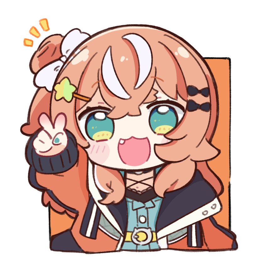 1girl :d black_bow blue_dress blue_eyes blue_nails blush_stickers bow brown_hair brown_jacket chibi commentary cropped_torso dress fang hair_bow hair_bun hair_ornament hairclip highres igarashi_rika igarashi_rika_(1st_costume) jacket long_sleeves looking_at_viewer multicolored_hair nail_polish nijisanji nozo_(hitomiz) one_side_up open_clothes open_jacket open_mouth orange_background puffy_long_sleeves puffy_sleeves single_side_bun sleeves_past_wrists smile solo star_(symbol) star_hair_ornament streaked_hair two-tone_background upper_body v virtual_youtuber white_background white_bow white_hair