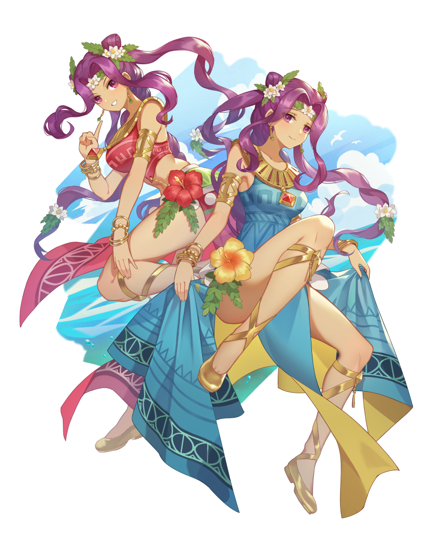 2girls 891148867 :d absurdres bare_shoulders bird blue_dress blue_sky bokujou_monogatari bokujou_monogatari:_mittsu_no_sato_no_taisetsuna_tomodachi border bracelet breasts closed_mouth cloud collarbone cone_hair_bun crop_top curly_hair curtained_hair dark-skinned_female dark_skin double_bun dress earrings flats floating_hair flower full_body gem gladiator_sandals gold_armlet gold_bracelet gold_earrings gold_sandals grin hair_bun hair_flower hair_ornament head_wreath hibiscus highres iluka_(bokujou_monogatari) jewelry knee_up legs_up long_dress long_hair long_skirt looking_at_viewer low-tied_long_hair multiple_bracelets multiple_girls ocean open_mouth patterned_clothing pelvic_curtain pointing pointing_up purple_eyes purple_hair red_flower red_gemstone sandals siblings side_slit sideboob siluka_(bokujou_monogatari) sisters skirt skirt_hold sky smile tareme tsurime twins two-sided_dress two-sided_fabric two_side_up v-shaped_eyebrows white_bird white_border white_flower yellow_dress yellow_flower