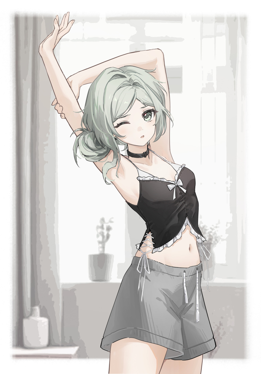 1girl absurdres black_camisole black_choker blurry blurry_background border camisole casual choker commentary_request cowboy_shot cross-laced_clothes curtains drawstring fading_border frilled_camisole frills grey_eyes grey_hair grey_shorts hair_bun highres indoors looking_at_viewer midriff navel one_eye_closed outside_border parted_lips plant potted_plant reverse:1999 shorts solo stretching vertin_(reverse:1999) white_border yukiri_(l_ii)