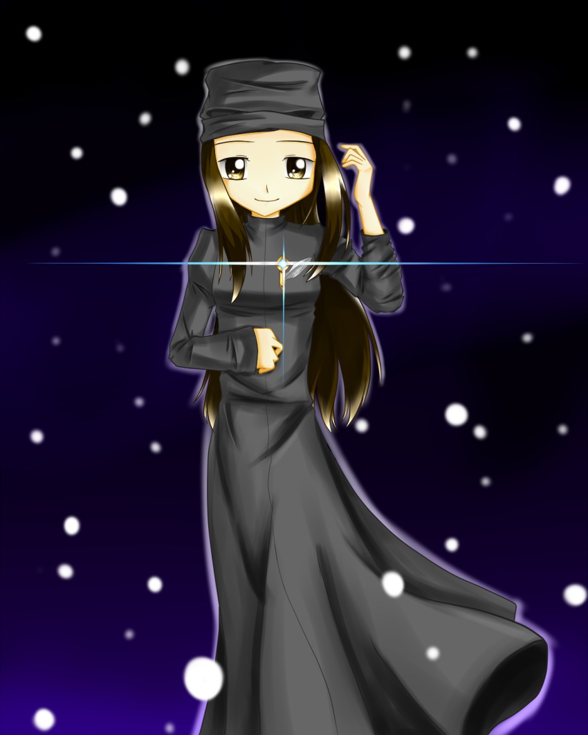 1girl badge black_dress black_headwear blue_background breasts brown_eyes brown_hair dress hat highres julie_(ultraman_cosmos) just_lancer long_hair long_sleeves looking_at_viewer medium_breasts octavia_(pixiv) smile snow standing ultra_series ultraman_cosmos_(series)