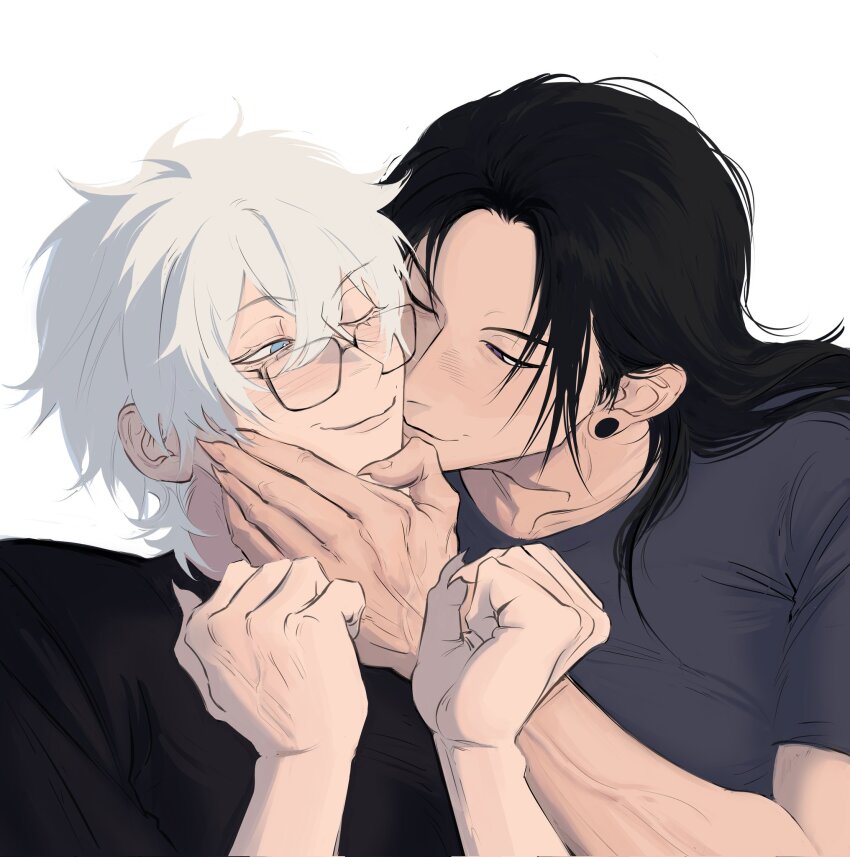 2boys 9enesiass black_hair blue_eyes closed_mouth fingernails getou_suguru glasses gojou_satoru highres jujutsu_kaisen long_hair male_focus multiple_boys one_eye_closed rectangular_eyewear sharp_fingernails short_hair simple_background upper_body white_background white_hair yaoi