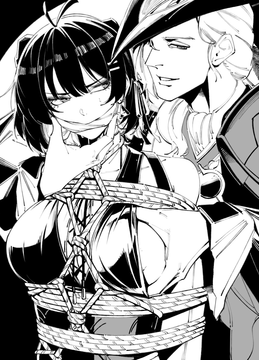 1boy 1girl absurdres antenna_hair bare_shoulders bdsm bondage bound cleave_gag cloth_gag commentary_request cristoforo_(wuthering_waves) female_rover_(wuthering_waves) gag gagged grabbing_another&#039;s_breast groping harris_hero highres improvised_gag looking_at_another monochrome rope rover_(wuthering_waves) short_hair sleeveless upper_body wuthering_waves