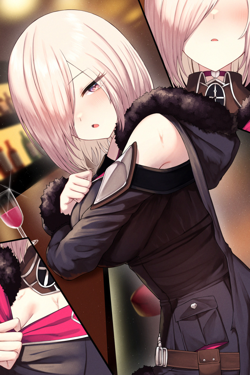 1girl bar_(place) belt belt_pouch black_hair blurry blurry_background blush breasts brown_belt cleavage commission cup drunk fang glint hair_over_one_eye highres large_breasts lifting_own_clothes long_sleeves looking_at_viewer medium_hair multiple_views one_eye_covered open_mouth pink_eyes pink_hair pouch shadowverse skeb_commission solo_focus stool sweat wizardess_of_oz yamato_(muchuu_paradigm)