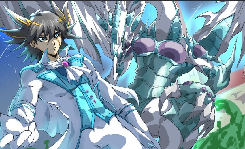 1boy black_hair blonde_hair blue_eyes blue_vest coat commentary cowboy_shot english_commentary facial_mark fudo_yusei gloves medium_hair multicolored_hair pants sharp_teeth spiked_hair stardust_dragon teeth two-tone_hair vest vincent_graphic_art white_coat white_gloves white_pants yellow_eyes yu-gi-oh! yu-gi-oh!_5d&#039;s