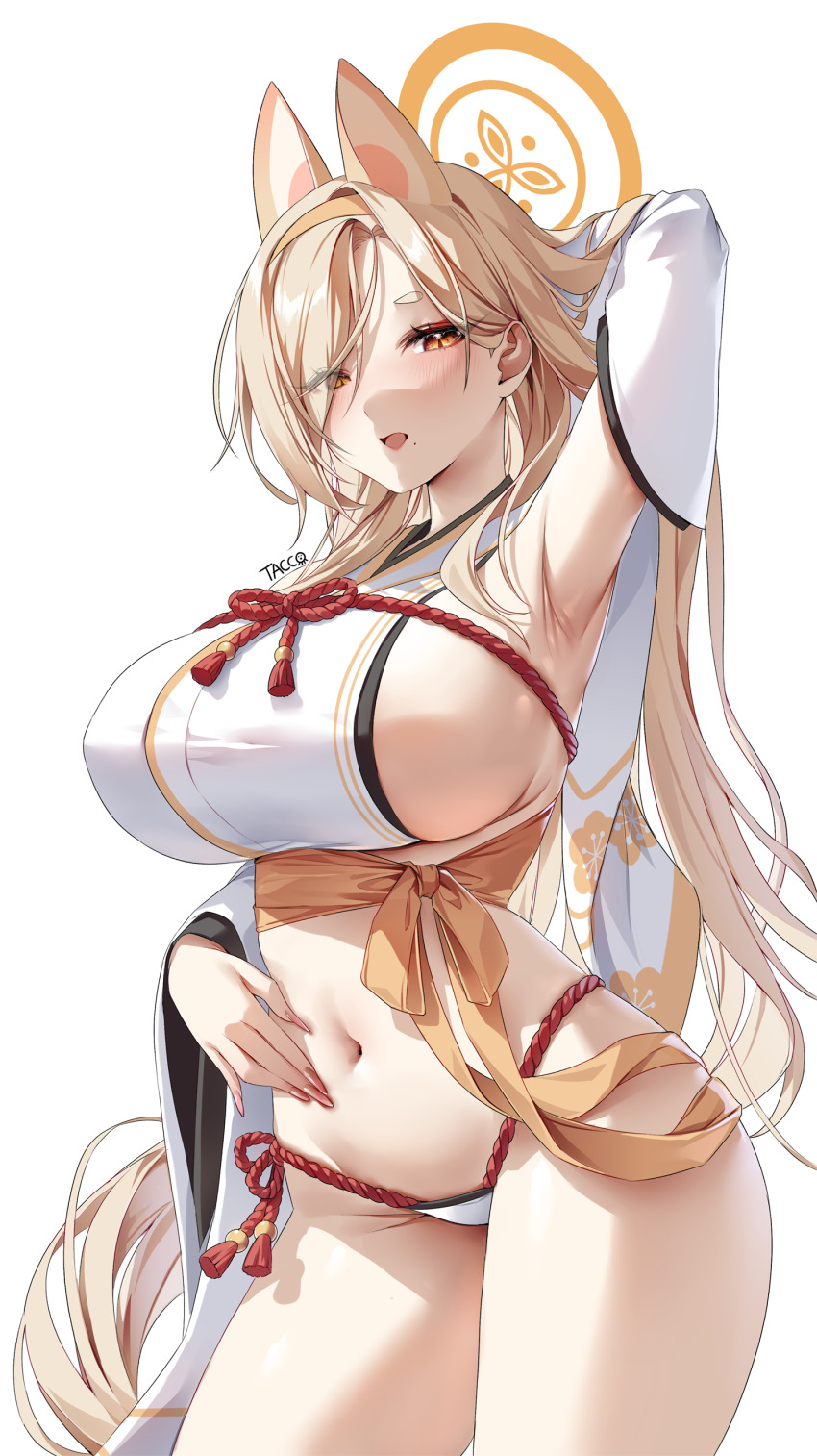 1girl absurdres animal_ear_fluff animal_ears arm_behind_head arm_up blonde_hair blue_archive breasts commentary cowboy_shot detached_sleeves fox_ears hairband halo highres huge_breasts kaho_(blue_archive) long_hair looking_at_viewer mole mole_under_mouth navel open_mouth panties sash simple_background solo stomach tacco_(tikeworld) underwear very_long_hair white_background white_panties