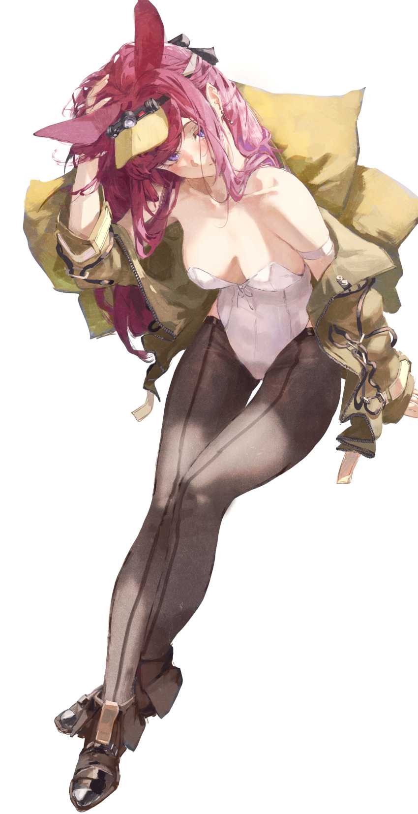 1girl absurdres adjusting_hair animal_ears ankle_boots arknights armband black_footwear black_pantyhose blush boots breasts cleavage commentary english_commentary extra_ears gandy_(gan3e46) hair_ribbon highres jacket leotard looking_at_viewer medium_breasts messy open_clothes open_jacket pantyhose pink_hair playboy_bunny purple_eyes rabbit_ears ray_(arknights) ribbon smile visor_cap white_background white_leotard