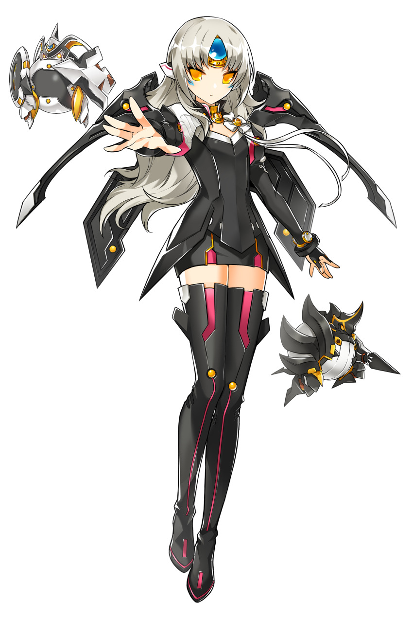 1girl absurdres armor armored_dress artist_request black_boots boots code:_nemesis_(elsword) dress drone elbow_gloves elsword eve_(elsword) expressionless facial_mark flower_ornament forehead_jewel game_cg gloves grey_hair highres hwansang mechanical_ears mechanical_wings moby_(elsword) official_art raven_cronwell remy_(elsword) second-party_source shield shoulder_armor shoulder_pads sword thigh_boots transparent_background weapon wings wrist_guards