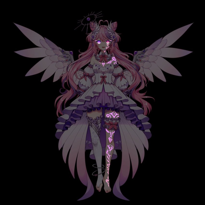 1girl angel_wings barefoot black_background bow breasts commentary cone_hair_bun detached_collar detached_sleeves dress english_commentary full_body hair_bun hen-tie heterochromia high-low_dress high-low_skirt highres ironmouse ironmouse_(fallen_angel) jewelry looking_at_viewer medium_breasts official_art pink_bow pink_eyes pink_hair purple_eyes purple_hair single_thighhigh smile solo thigh_strap thighhighs toe_ring virtual_youtuber vshojo white_dress wings