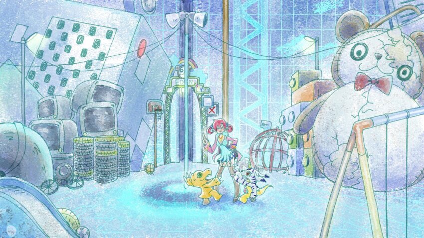 1girl agumon black_thighhighs blue_camisole blue_fur breasts camisole cleavage closed_eyes digimon digimon_(creature) digimon_story:_cyber_sleuth full_body gabumon green_eyes group_picture hoisotsu01 horns jacket lizard pink_jacket red_eyes red_hair shiramine_nokia single_horn thighhighs twintails wide_shot