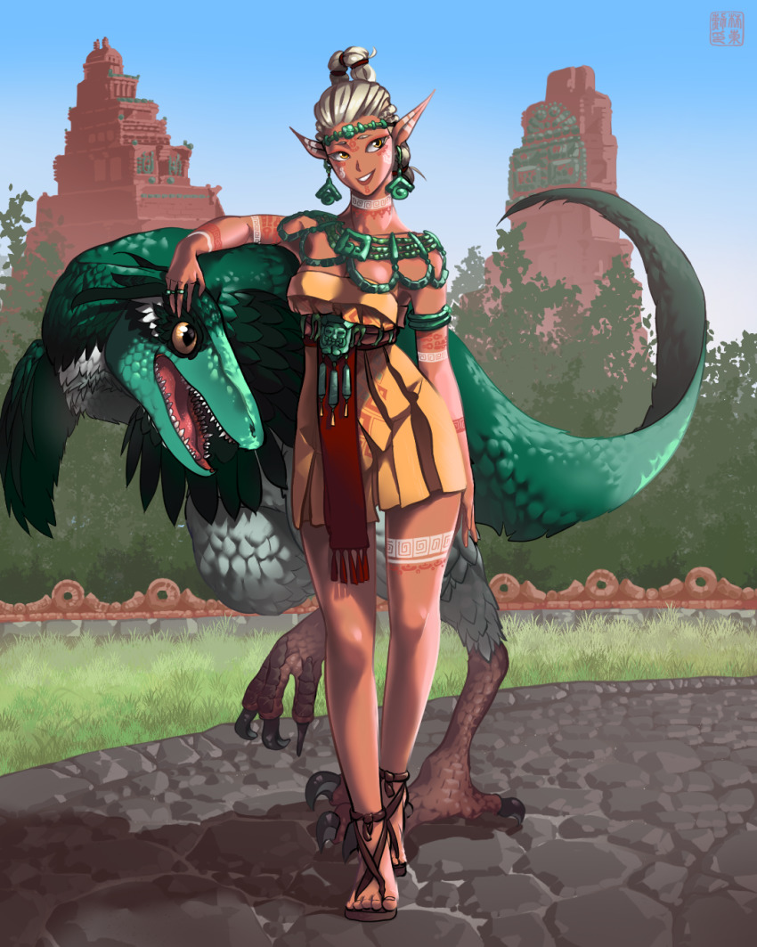 1girl dinosaur dress elf facial_tattoo fantasy feathers highres jewelry lart173 long_hair looking_at_viewer mayan mayan_clothes mayan_mythology original pointy_ears road sandals tattoo temple