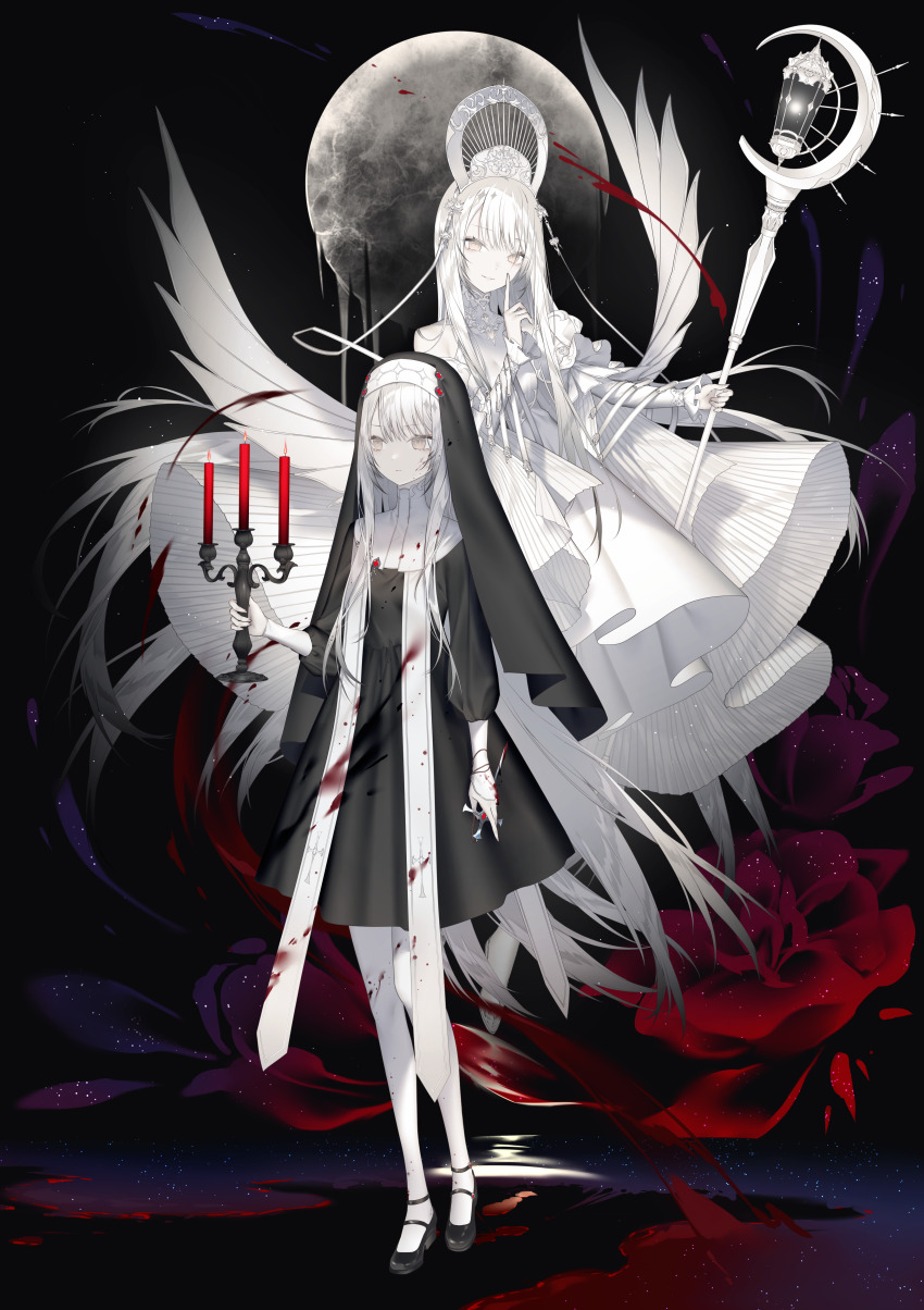1girl absurdres black_dress black_veil blood blood_on_clothes candlestand cross dress flower full_body highres holding holding_candlestand holding_cross holding_staff kotarou_(kot_mochi) long_hair long_sleeves multiple_persona nun original pantyhose red_flower staff traditional_nun veil very_long_hair white_dress white_hair white_pantyhose yellow_eyes