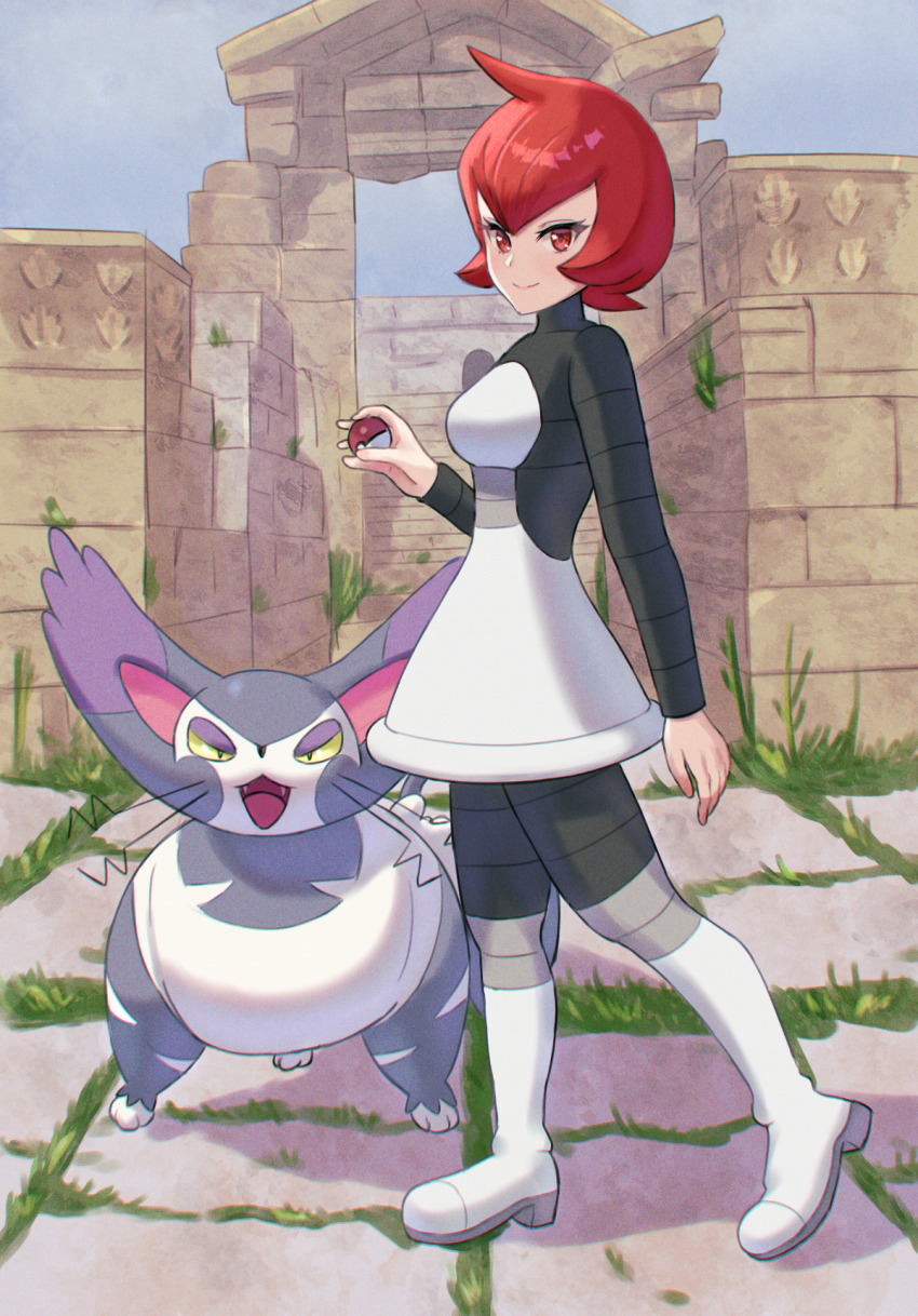 1girl boots closed_mouth commentary_request cowlick day desire_(des1re) eyelashes full_body gen_4_pokemon grass highres holding holding_poke_ball mars_(pokemon) nintendo outdoors poke_ball poke_ball_(basic) pokemon pokemon_dppt purugly red_eyes red_hair short_hair smile standing team_galactic team_galactic_uniform white_footwear