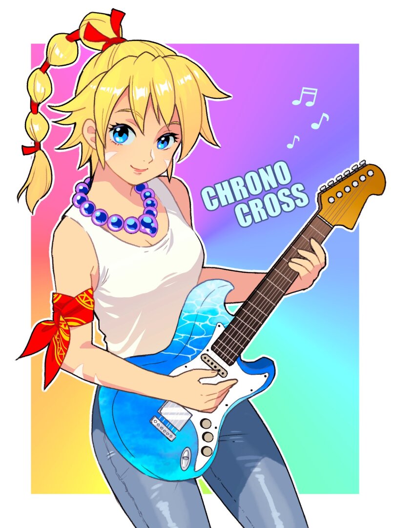 1girl 8warebw alternate_costume arm_ribbon bare_shoulders bead_necklace beads blonde_hair blue_eyes bodypaint border breasts chrono_cross cleavage closed_mouth cowboy_shot denim facepaint guitar hair_ribbon highres holding holding_guitar holding_instrument instrument jeans jewelry kid_(chrono_cross) long_hair looking_at_viewer medium_breasts multi-tied_hair music musical_note necklace pants playing_guitar playing_instrument ponytail rainbow_background red_ribbon ribbon shirt smile solo tank_top white_border white_shirt