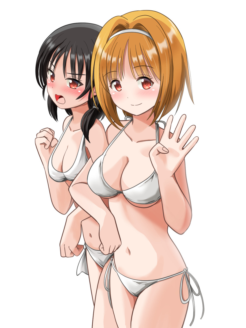 2girls bikini black_hair blush breasts brown_hair commentary_request cowboy_shot hair_intakes hairband hand_on_own_hip highres horikita_suzune kushida_kikyou long_hair low_ponytail medium_breasts multiple_girls navel ponytail red_eyes short_hair side-tie_bikini_bottom smile swimsuit underboob youkoso_jitsuryoku_shijou_shugi_no_kyoushitsu_e zakiwo_(rrxn8224)