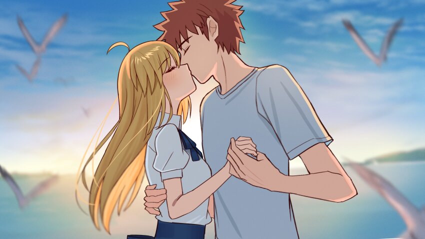 1boy 1girl absurdres artoria_pendragon_(fate) bird blonde_hair blush commission emiya_shirou fate/stay_night fate_(series) highres holding_hands kiss long_hair outdoors red_hair saber_(fate) shintyoi2 sunrise