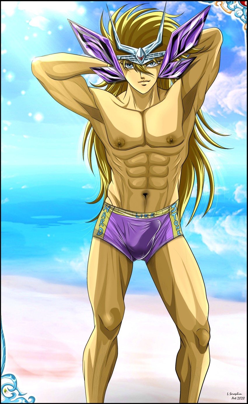 absurdres armpits bad_deviantart_id bad_id body_hair bulge drawstring erection erection_under_clothes highres lseraphim male_swimwear muscular muscular_arms muscular_legs muscular_male purple_male_swimwear purple_swim_trunks saint_seiya self-upload swim_trunks