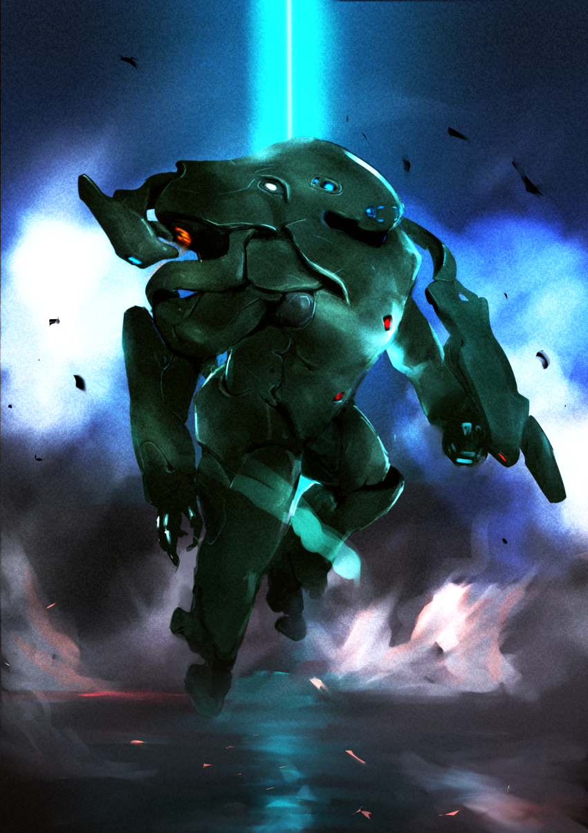 1boy absurdres aoume560 arm_cannon armor body_armor boots cloud damaged debris dirty energy energy_beam energy_cannon flying fog freefall gloves helmet highres johnny_rico jumping lights mecha mecha_focus mobile_infantry original power_armor power_suit realistic redesign robot science_fiction smoke soldier space_marine spacesuit starship_troopers thrusters uchuu_no_senshi weapon