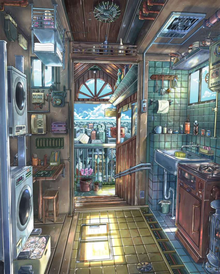 balcony blue_theme boiler bottle ceiling_fan city clothes clothes_dryer commentary_request cup day doorway electricity_consumer_unit electricity_meter faucet fire fire-guard furnace graphite_(medium) heater highres indoors industrial_pipe kerosene_heater kitchen ladle modem mug no_humans original phone photoshop_(medium) plant potted_plant qdsn railing roomscape scenery shelf sink spandrel_window spark_plug spatula stairs stool stove tiles toothbrush towel traditional_media trap_door trash_can washing_machine whisk window_extractor_fan window_fan