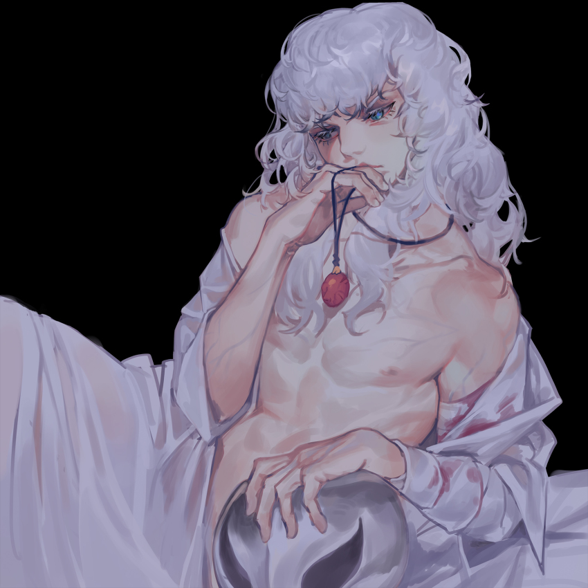 1boy bandages bandaged_arm bandages bare_shoulders behelit berserk blood bloody_bandages blue_eyes closed_mouth collarbone fingernails grandia_lee griffith_(berserk) unworn_headwear helm helmet unworn_helmet highres jewelry long_hair lying male_focus navel necklace nipples off_shoulder red_background simple_background solo veins white_hair