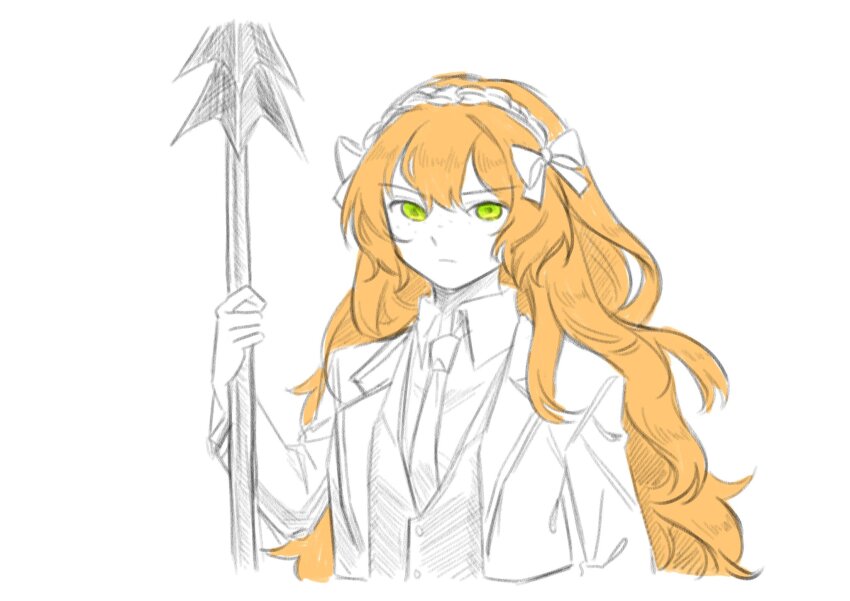 1girl bow closed_mouth collared_shirt hair_bow highres holding_harpoon ishmael_(project_moon) jacket lapels limbus_company long_hair long_sleeves looking_at_viewer necktie notched_lapels orange_hair project_moon shirt sidelocks simple_background solo spot_color upper_body very_long_hair vest wavy_hair xo_clock
