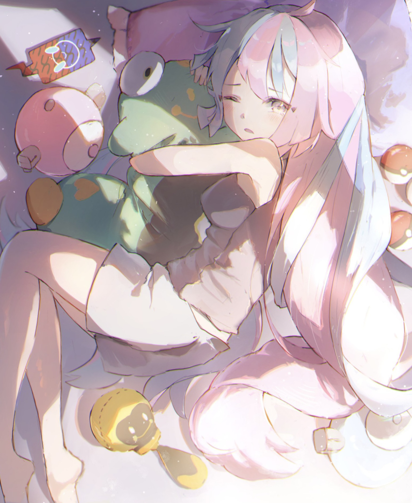1girl alternate_costume anzu_(v0_0v_o0) bellibolt character_doll gen_4_pokemon highres hugging_doll hugging_object iono_(pokemon) long_hair nintendo pokemon pokemon_sv rotom rotom_phone solo stuffed_toy tadbulb very_long_hair