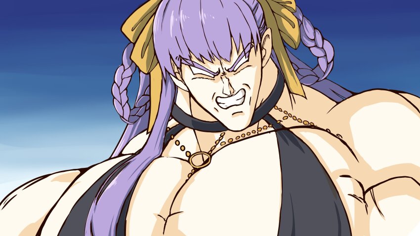 1boy absurdres bb_dubai_(fate) bb_dubai_(fate)_(cosplay) black_dress blank_eyes braid braided_hair_rings broly_(dragon_ball_z) center_opening chain cosplay dragon_ball dragonball_z dress fate/grand_order fate_(series) gold_chain hair_rings highres large_pectorals long_hair male_focus muscular muscular_male pectorals peisuto purple_hair ribbon solo twin_braids yellow_ribbon