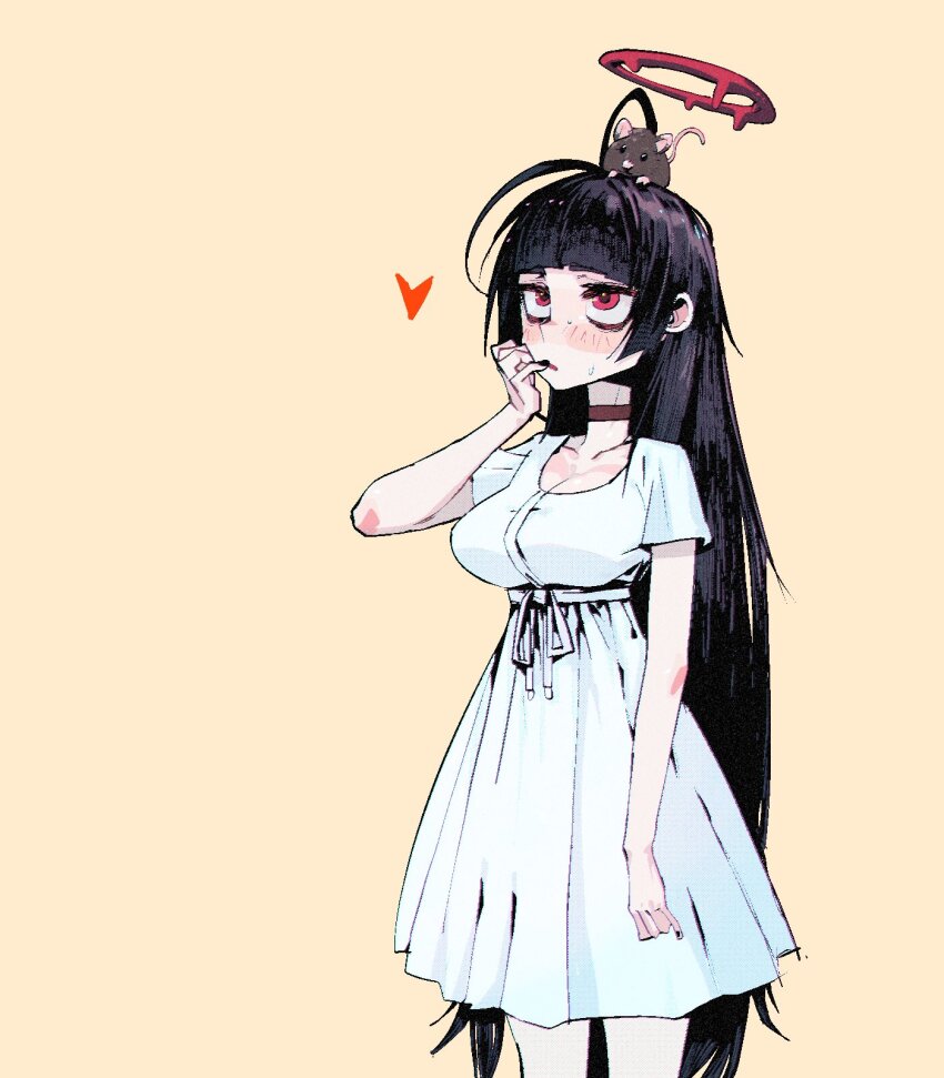 1girl biting black_hair blue_archive blush breasts commission cowboy_shot dress go_d_e halo hand_to_own_mouth heart highres large_breasts long_hair looking_up mouse_(animal) nail_biting parted_lips red_eyes red_halo simple_background solo standing sundress tsurugi_(blue_archive) very_long_hair waist_ribbon white_dress yellow_background