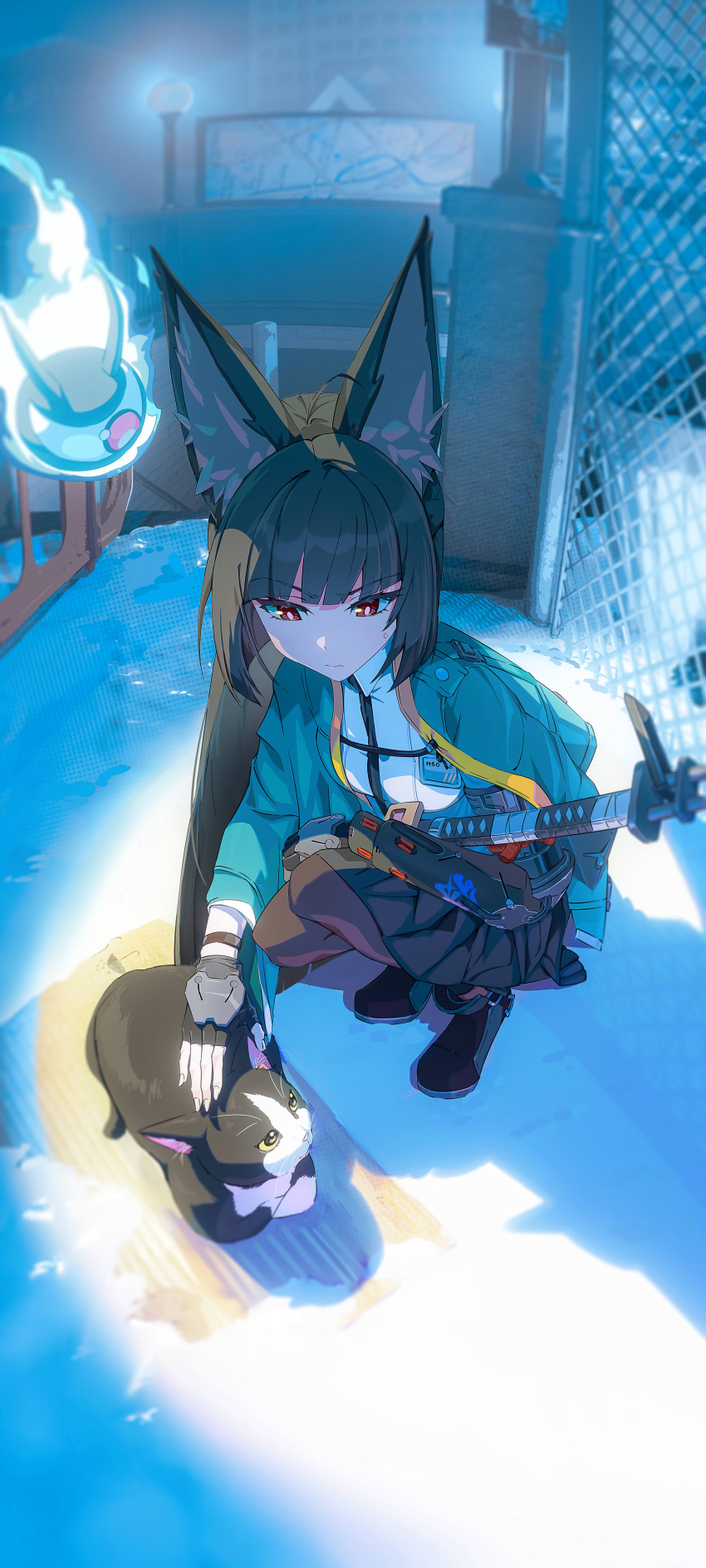 1girl absurdres animal_ear_fluff animal_ears black_footwear black_gloves black_hair black_necktie black_skirt blunt_bangs cat closed_mouth dress_shirt emo_qianzi fingerless_gloves fox_ears fox_girl full_body gloves green_jacket high-waist_skirt highres hoshimi_miyabi jacket long_hair necktie outdoors shirt sidelocks skirt snow solo sweatdrop tailless_(zenless_zone_zero) zenless_zone_zero