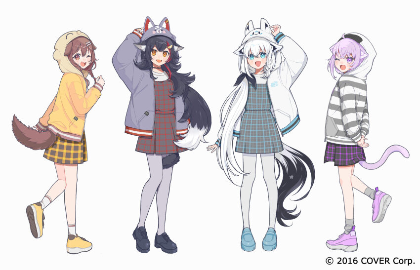 ;d ahoge alternate_costume animal_ear_piercing animal_ears aqua_eyes arm_up arms_behind_back black_hair black_ribbon black_shoes blue_dress blue_shoes bone_hair_ornament braid brown_dress brown_eyes brown_hair cat_ears cat_girl cat_tail character_hood cloak commentary_request copyright_notice crossed_bangs dog_ears dog_girl dog_tail double-parted_bangs dress fox_ears fox_girl fox_tail full_body gingham_dress grey_jacket grey_socks grey_thighhighs hair_between_eyes hair_ornament hair_over_shoulder hair_ribbon hairclip hand_up highres hololive hololive_gamers hood hood_up hooded_cloak inugami_korone jacket kisaragi_yuu_(fallen_sky) listener_(inugami_korone) long_hair looking_at_viewer looking_back low_ponytail low_twin_braids messy_hair miofa_(ookami_mio) multicolored_hair nekomata_okayu official_art one_eye_closed onigirya_(nekomata_okayu) ookami_mio open_mouth pantyhose pentagram pinafore_dress ponytail purple_dress purple_eyes purple_hair purple_shoes red_hair ribbon shirakami_fubuki shirt shoes short_dress short_hair side_braid sidelocks sleeveless sleeveless_dress smile sneakers socks spiked_hair streaked_hair striped_clothes striped_jacket sukonbu_(shirakami_fubuki) tail tail_around_own_leg thighhighs twin_braids very_long_hair virtual_youtuber white_hair white_jacket white_shirt white_socks wolf_ears wolf_girl wolf_tail yellow_dress yellow_eyes yellow_jacket yellow_shoes