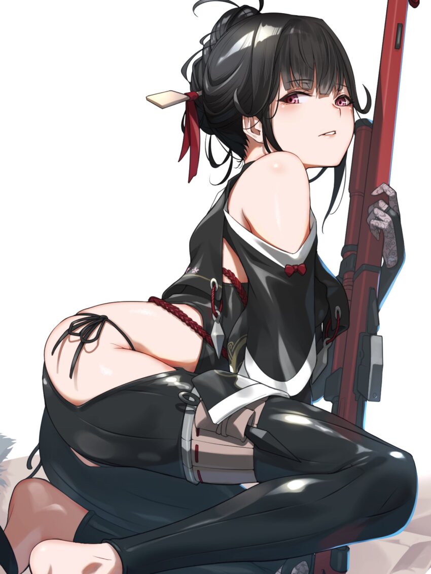 1girl alternate_costume ass bare_shoulders barefoot black_hair blush breasts cameltoe detached_sleeves fune_(fune83ojj) gloves goddess_of_victory:_nikke gun hair_bun hair_ribbon highres looking_at_viewer official_alternate_costume parted_lips red_eyes ribbon rifle sakura_(nikke) short_hair_with_long_locks skin_tight smile sniper_rifle solo weapon