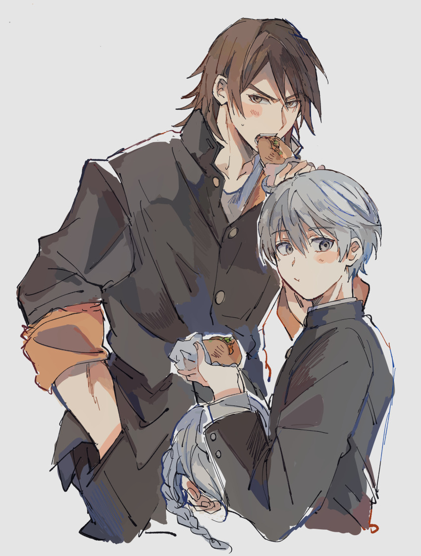 2boys absurdres blush brown_eyes brown_hair eating food gakuran grey_background grey_eyes hand_in_pocket highres hijiyama_takatoshi holding holding_food juusan_kihei_bouei_ken male_focus multiple_boys okino_tsukasa school_uniform simple_background sleeves_rolled_up thick_eyebrows toramaru_(696anna) unworn_wig white_hair wig yakisobapan