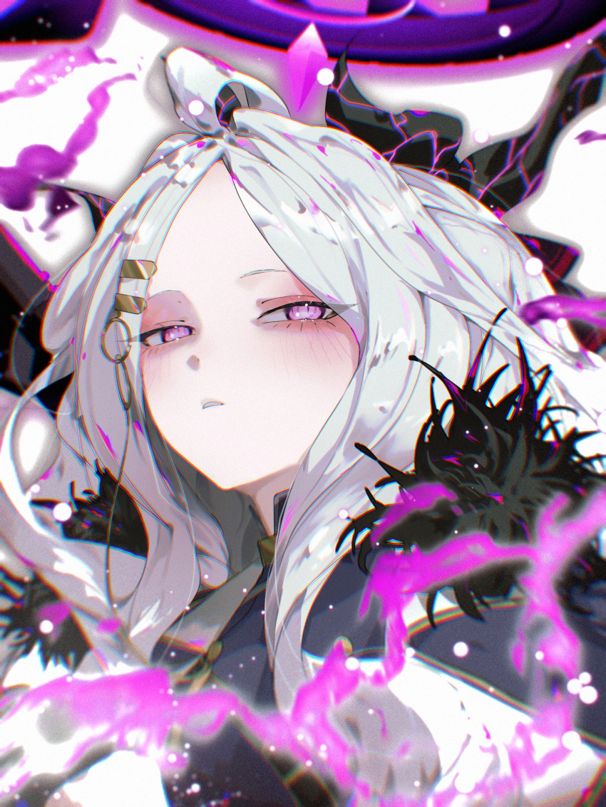 1girl ahoge aura black_coat black_halo blue_archive blush coat coat_on_shoulders dark_aura demon_girl demon_horns halo highres hina_(blue_archive) horns long_hair looking_at_viewer purple_eyes simple_background solo to/garashi upper_body white_background white_hair