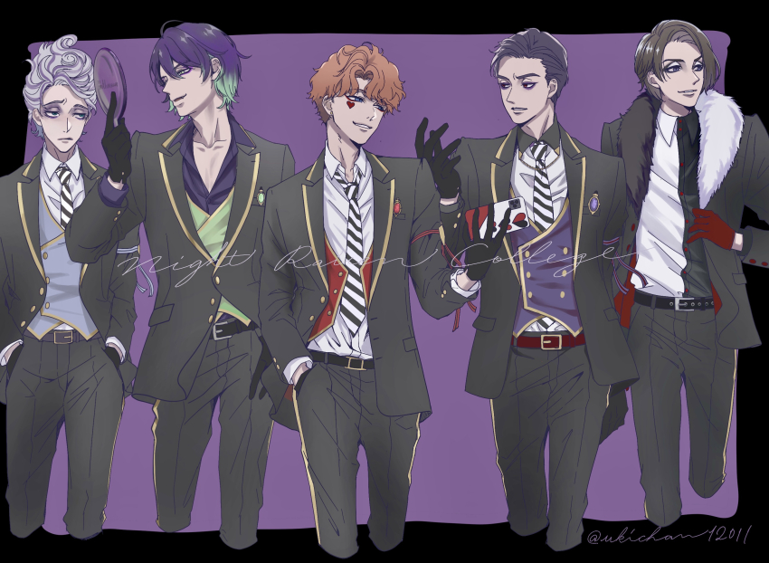 5boys 8-foot_joe apple_poison black_gloves black_hair brown_hair cellphone commentary_request cowboy_shot cropped_legs disney disneyland english_text gloves highres holding holding_phone jack_heart male_focus marfie mr._dalmatia multiple_boys night_raven_college_uniform phone purple_background purple_hair recruiters_(disney) school_uniform short_hair simple_background smartphone ukichan12011 vest