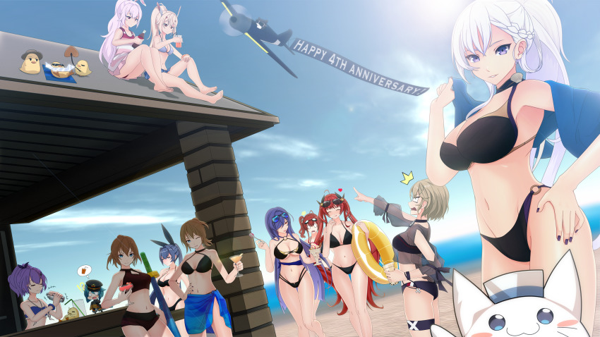 ! !? 6+girls absurdres aircraft airplane alternate_costume angry animal_ears anniversary ass azur_lane bartender beach belfast_(azur_lane) bikini black_bikini black_choker black_headwear black_jacket black_nails black_ribbon blue_bikini blue_eyes blue_sarong blue_sky bottle braid breasts brown_hair cat_ears choker cleavage cleavage_cutout closed_eyes clothing_cutout coca-cola cocktail_shaker commentary cross cup drinking_glass dutch_angle en_go_(kuro_nigiri) english_commentary eyewear_on_head fake_animal_ears food french_braid goggles goggles_on_head green_hair hair_ribbon hand_on_own_hip hat headgear heart high_ponytail highres holding holding_bottle holding_cup holding_spoon holding_swim_ring honolulu_(azur_lane) honolulu_(summer_accident?!)_(azur_lane) ice_cream innertube iron_cross italian_flag jacket javelin_(azur_lane) javelin_(beach_picnic!)_(azur_lane) juice laffey_(azur_lane) large_breasts light_brown_hair light_purple_hair long_hair looking_at_viewer looking_away manjuu_(azur_lane) medium_breasts medium_hair meowfficer_(azur_lane) microskirt military_hat mirror multi-strapped_bikini multiple_girls nail_polish navel new_jersey_(azur_lane) o-ring o-ring_bikini o-ring_bottom ocean official_alternate_costume on_roof one-piece_swimsuit one_eye_closed open_mouth orange_juice parfait peaked_cap pilot pleated_skirt pointing pointing_at_another ponytail purple_eyes purple_hair rabbit_ears red_hair renown_(azur_lane) repulse_(azur_lane) ribbon sand sarong see-through_clothes see-through_shirt shaking sheath sheathed shirt side_ponytail sitting_on_roof skirt sky small_breasts speech_bubble spoon standing steel_(azur_lane) strawberry_parfait striped_clothes striped_one-piece_swimsuit sun sunbathing sunglasses surprised swim_ring swimsuit tearing_up thigh_strap trento_(azur_lane) trento_(summer&#039;s_hotness?)_(azur_lane) tumbler_glass twintails vehicle_request very_long_hair walking whipped_cream white_hair wide-eyed yellow_innertube z23_(azur_lane) z23_(breezy_doubles)_(azur_lane) zara_(azur_lane) zara_(poolside_coincidence)_(azur_lane)
