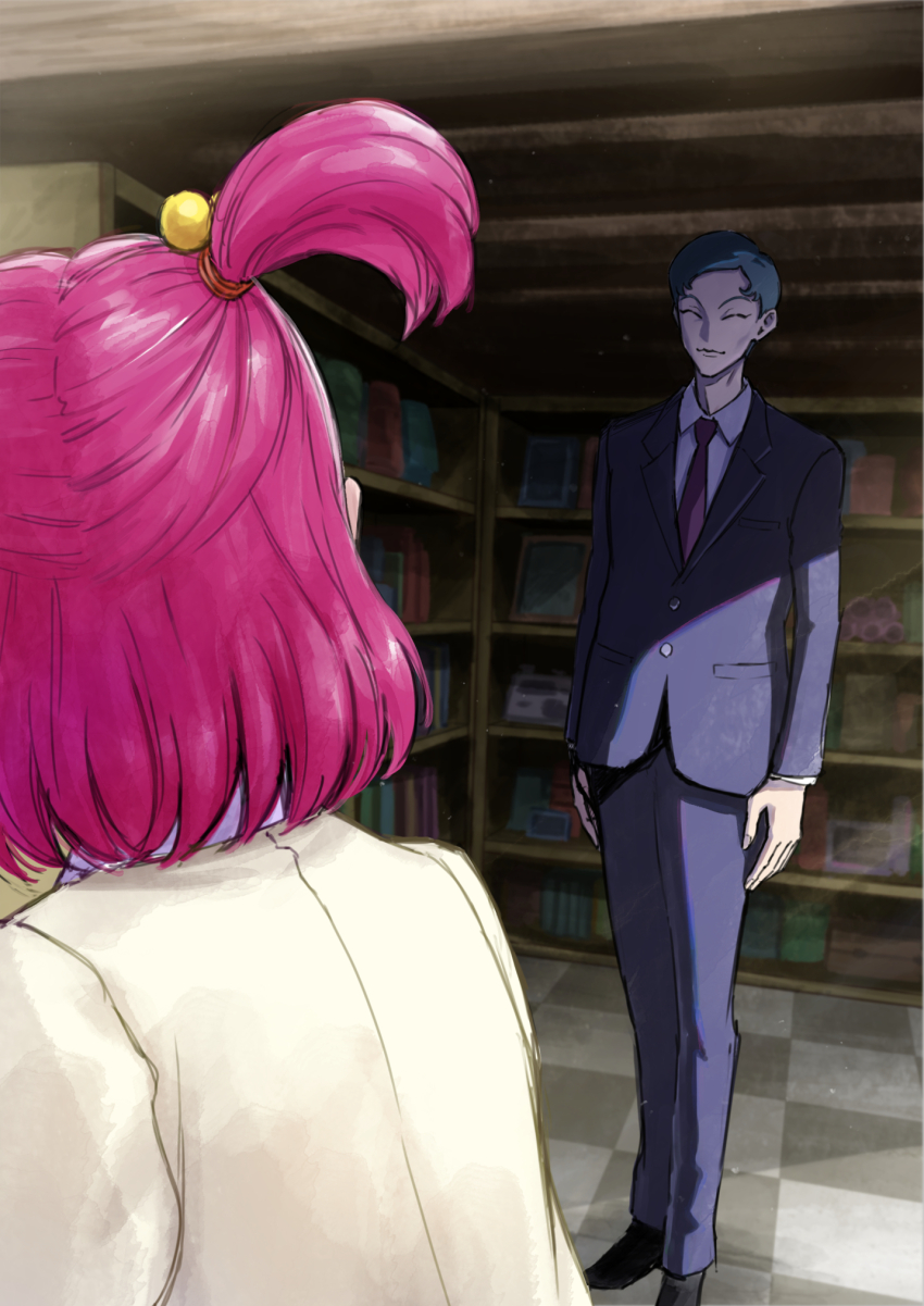 1boy 1girl black_shoes blue_jacket blue_pants book bookshelf closed_eyes closed_mouth commentary green_hair hair_bobbles hair_ornament highres itou_shin&#039;ichi jacket kawarino medium_hair necktie pants pink_hair precure purple_necktie shirt shoes short_hair two_side_up white_shirt yellow_jacket yes!_precure_5 yumehara_nozomi