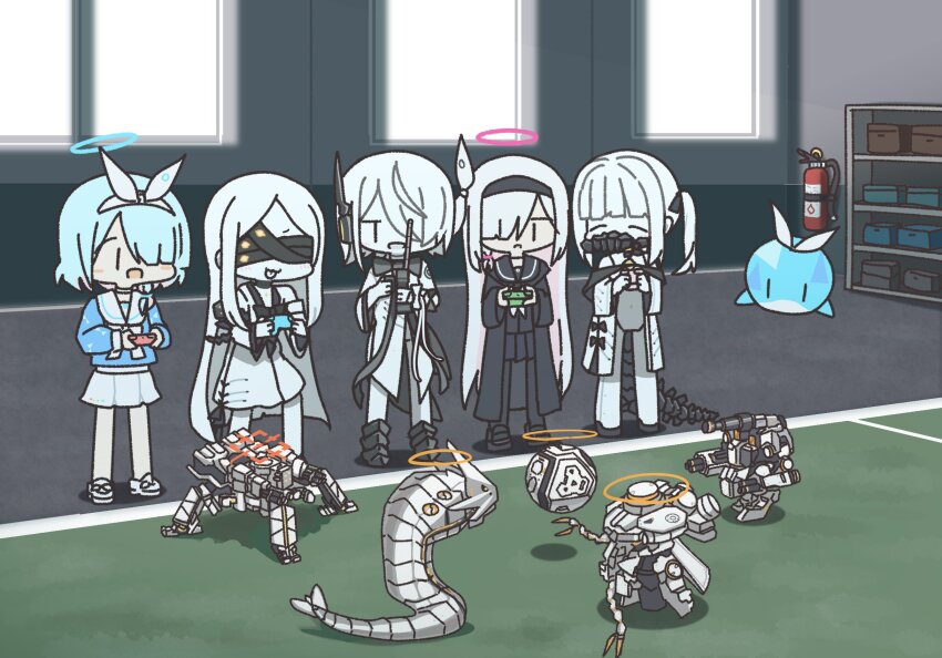 5girls arona_(blue_archive) binah_(blue_archive) black_hairband black_mask blue_archive blue_hair blue_halo braid chesed_(blue_archive) chibi choker closed_eyes colored_inner_hair colored_skin controller ein_(blue_archive) fire_extinguisher game_controller hair_over_one_eye hairband halo highres hod_(blue_archive) kether_(blue_archive) long_hair long_sleeves mask multicolored_hair multiple_girls ohr_(blue_archive) plana_(blue_archive) red_halo respirator shelf sof_(blue_archive) spider_tank very_long_hair white_hair white_skin window yukko_(hcryh955)