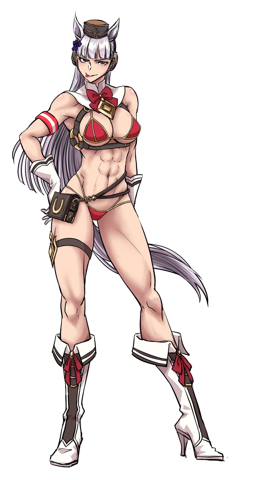 1girl abs absurdres animal_ears bikini blunt_bangs boots bow ear_bow ear_covers erakin gloves gold_ship_(umamusume) grey_hair high_heel_boots high_heels highres horse_ears horse_girl horse_tail horseshoe_ornament kimleon knee_boots long_hair muscular muscular_female pillbox_hat purple_eyes swimsuit tail tongue tongue_out ueda_hitomi umamusume voice_actor_connection white_background
