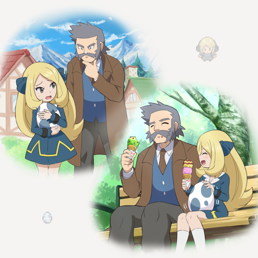 1boy 1girl :d absurdres aged_down bench black_dress blonde_hair blue_vest brown_coat brown_necktie building closed_eyes cloud coat collared_shirt commentary_request cynthia_(pokemon) day dress egg eyelashes facial_hair food food_on_face grey_eyes grey_hair hair_ribbon happy highres holding holding_egg ice_cream ice_cream_cone long_hair mustache necktie nintendo open_mouth outdoors pants pokemoa pokemon pokemon_(anime) pokemon_journeys raised_eyebrows ribbon professor_rowan shirt sitting sky smile sprite tongue vest white_shirt
