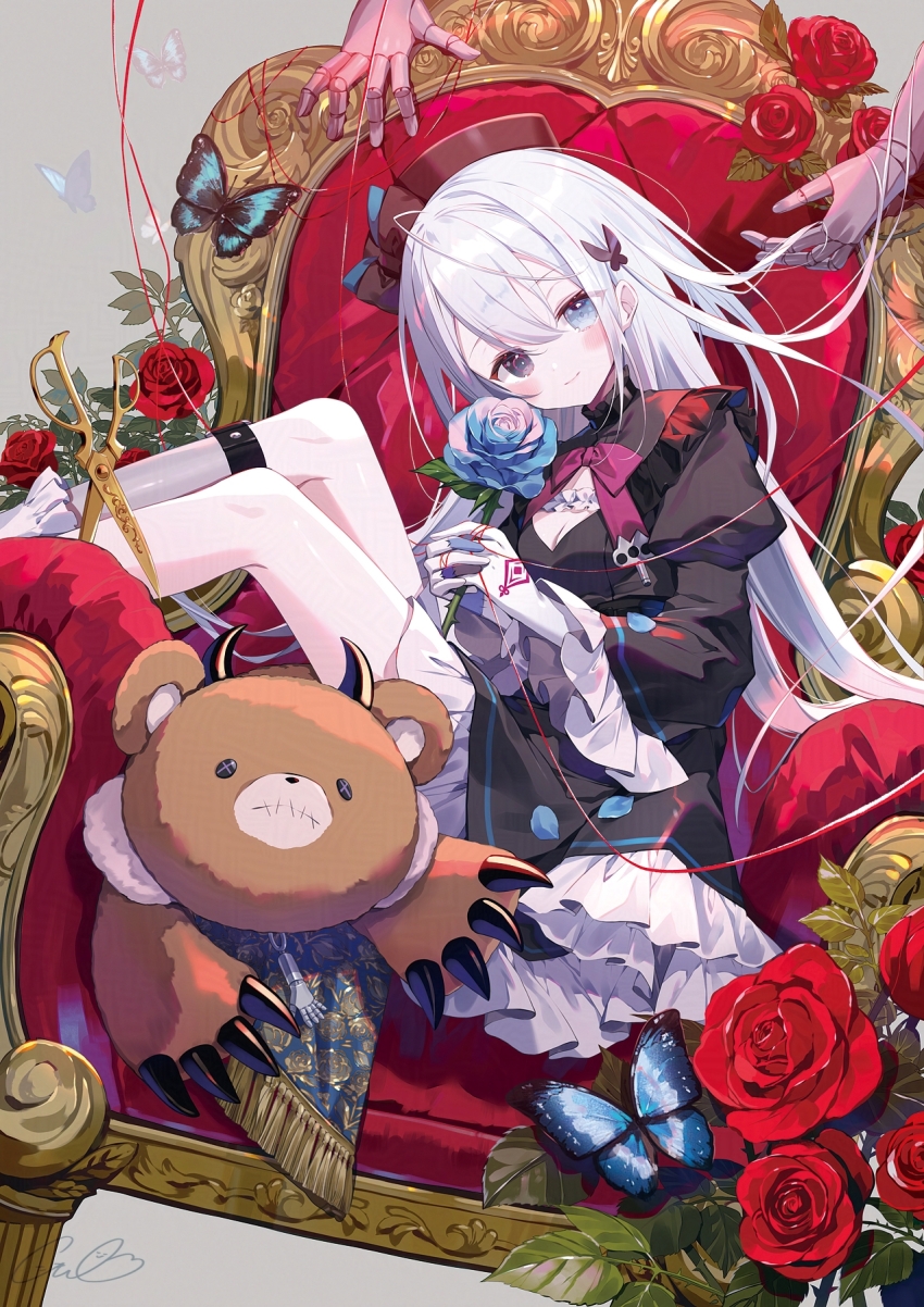 1girl armchair black_dress black_eyes blue_flower blue_rose blush breasts chair cleavage cleavage_cutout closed_mouth clothing_cutout dress feet_out_of_frame flower frilled_dress frills grey_eyes highres holding holding_flower ibara_riato long_hair looking_at_viewer on_chair original red_flower red_rose rose short_dress sitting small_breasts smile solo stuffed_animal stuffed_toy teddy_bear white_hair