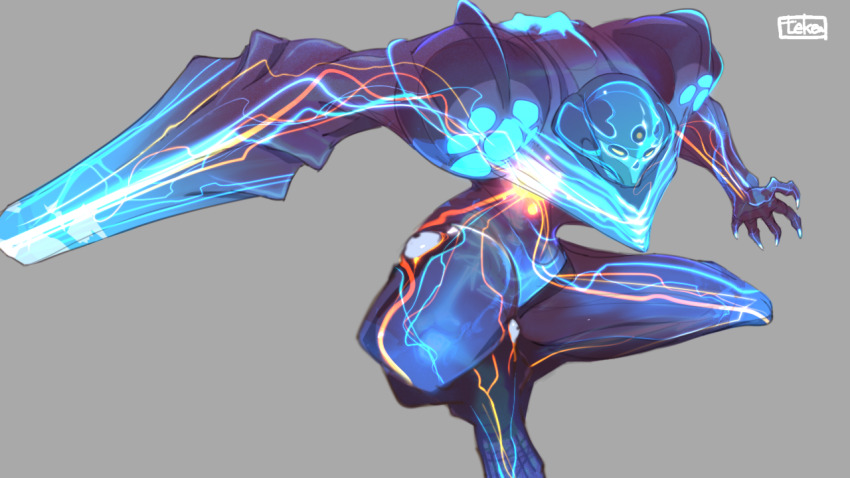 2018 alien arm_cannon claws dark_samus extra_eyes feet_together glowing grey_background jump metroid metroid_prime_2:_echoes metroid_prime_3:_corruption monster nintendo squatting teke veins weapon x-ray