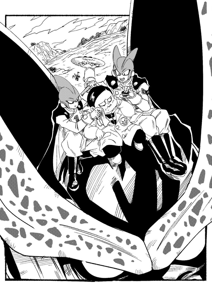 4boys cape cell_max dr._hedo dragon_ball dragon_ball_super dragon_ball_super_super_hero fat fat_man fenyon gamma_1 gamma_2 giant greyscale highres holding lab_coat male_focus monochrome multiple_boys on_head pants sitting