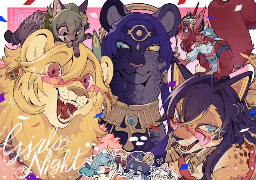 ? ?? animal animal_on_head animalization black_hair black_panther blonde_hair blue_eyes blue_hair border candace_(genshin_impact) cat chipmunk closed_mouth clothed_animal collei_(genshin_impact) commentary confetti cup dehya_(genshin_impact) detached_sleeves drink english_commentary english_text faruzan_(genshin_impact) genshin_impact hair_between_eyes headband heart heart-shaped_eyewear heterochromia heyitspegkat highres holding holding_cup jewelry kaveh_(genshin_impact) layla_(genshin_impact) leopard lion looking_at_another looking_at_viewer multicolored_hair nahida_(genshin_impact) nilou_(genshin_impact) no_humans nose_bubble on_head open_mouth outside_border panther purple_hair rabbit red-tinted_eyewear red_eyes red_hair serval sharp_teeth sleeping smile squirrel teeth tinted_eyewear two-tone_hair white_border yellow_eyes