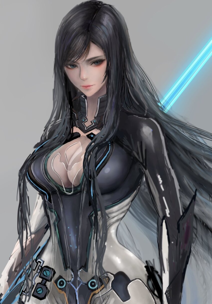1girl black_eyes black_hair bodysuit breasts cleavage glowing glowing_sword glowing_weapon grey_background highres holding holding_sword holding_weapon kyel_hyde large_breasts lips long_hair looking_at_viewer plunging_neckline raven_(stellar_blade) raven_suit_(stellar_blade) reverse_grip sidelocks simple_background skin_tight solo stellar_blade swept_bangs sword upper_body weapon