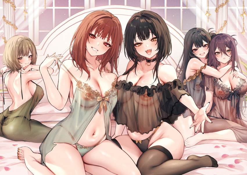 5girls :d ass babydoll back bare_shoulders barefoot black_babydoll black_choker black_eyes black_hair black_nails black_panties black_thighhighs blanket blush bow bow_panties breasts choker cleavage collarbone curtains danimaru eyelashes fangs feet fingernails from_behind g-string green_babydoll green_panties grin hair_between_eyes half-closed_eyes highres hug hug_from_behind indoors inukami_yuuna inverted_nipples large_breasts lingerie long_fingernails long_hair looking_at_viewer looking_back medium_breasts mole mole_under_mouth multi-strapped_panties multiple_girls nail_polish navel non-web_source offering_hand on_bed open_mouth orange_nails original outstretched_hand panties petals pillow pulling_own_clothes purple_hair reaching reaching_towards_viewer see-through_babydoll see-through_clothes shoulder_blades sideboob sidelocks skindentation smile stomach strap_pull string_panties thighhighs thong toenail_polish toenails toes underwear underwear_only very_long_hair window yellow_bow