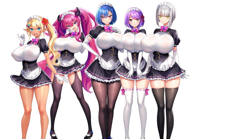 akagi_rio apron bob_cut breasts dark_skin dyzenia_dracour elf highres huge_breasts kriemhild_valhanna liliera_loveknot maid maid_apron maid_headdress meena_1919 milk_factory motto!_haramase!_honoo_no_oppai_isekai_oppai_maid_gakuen! myunmyun_lafleur pantyhose pointy_ears ponytail short_hair transparent_background twintails