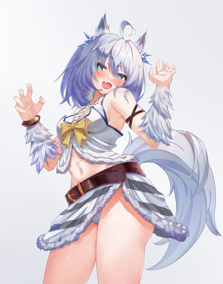 1girl absurdres animal_ears arm_ribbon blue_eyes blue_hair breasts fang fur fur_trim hair_tie highres kaifuku_jutsushi_no_yarinaoshi_~sokushi_mahou_to_skill_copy_no_chouetsu_heal~ light_blue_hair long_hair looking_at_viewer medium_breasts midriff navel panties pantyshot ribbon setsuna_(kaiyari) shiny_skin skin_fang skirt solo standing styx tail thighs underwear white_panties wolf_ears wolf_tail