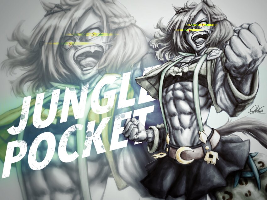 1girl abs ahoge animal_ears belt braid character_name clenched_hand cropped_jacket fangs glowing hair_ornament hairclip half_up_braid highres horse_ears horse_girl jungle_pocket_(umamusume) long_sleeves medium_hair muscular muscular_female open_mouth pleated_skirt signature skirt strapless suspenders tongue tube_top uma_kokonuts umamusume yellow_eyes