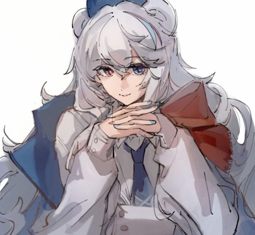1girl animal_ears arknights blue_hair chinese_commentary closed_mouth commentary_request grey_hair hair_between_eyes head_rest heterochromia highres interlocked_fingers long_hair long_sleeves looking_at_viewer multicolored_hair ningjiu_9 own_hands_together purple_eyes red_eyes rosa_(arknights) simple_background sketch smile solo streaked_hair upper_body white_background